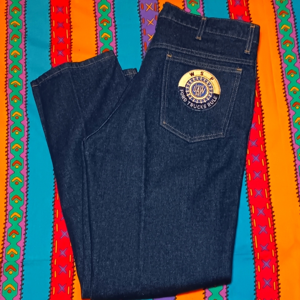 New 70s Ford UAW 387 WSP Trucks Rule Employee Worker Denim Blue Jeans Vintage